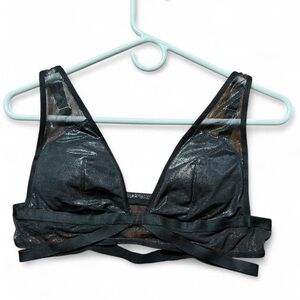 Victoria's Secret black/silver foil shine mesh plunge bralette.